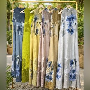 Puro Lino Floral Print Italian Linen Maxi Dress